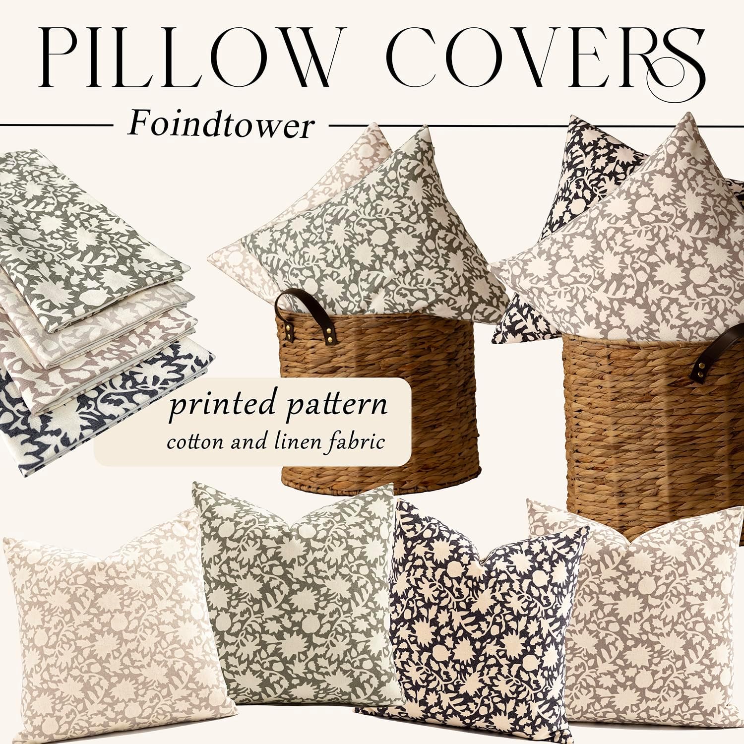 Foindtower Set of 2 Decorative Neutral Floral Throw Pillow Covers Accent Farmhouse Cushion Covers Boho Vintage Pillowcase for Couch Sofa Bedroom Living Room Home Decor,18×18 Inch,Tan