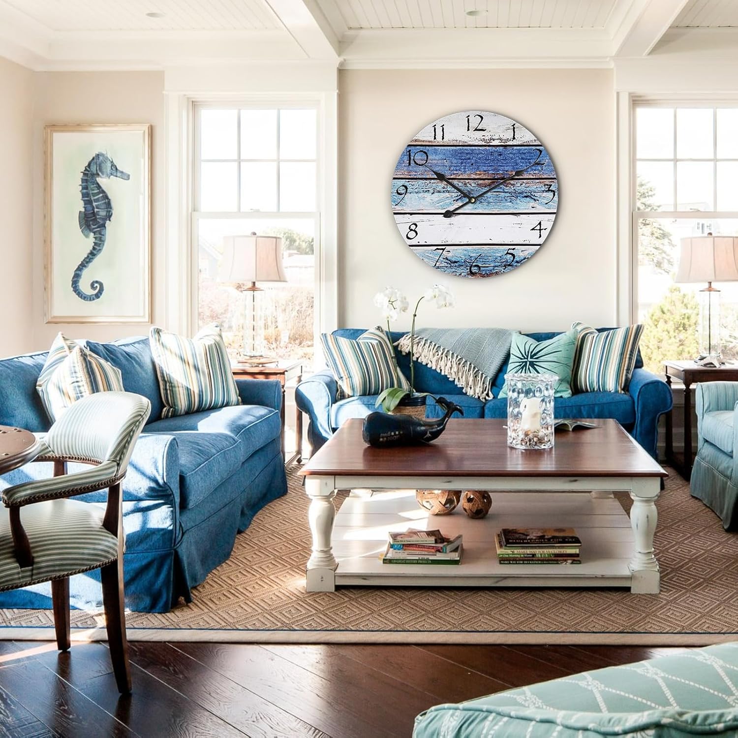 24 Inch Silent Coastal Wall Clock Battery Operated for Living Room Kitchen,Non-Ticking Large Blue Clock for Bedroom,Nautical Beach Wall Clock for Dining Room Bathroom Home School Office Kids Room