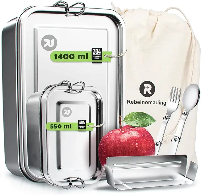 Rebelnomading 1400 ml + 550 ml Edelstahl Brotdose Set mit Tragetasche - Metall Madkasse