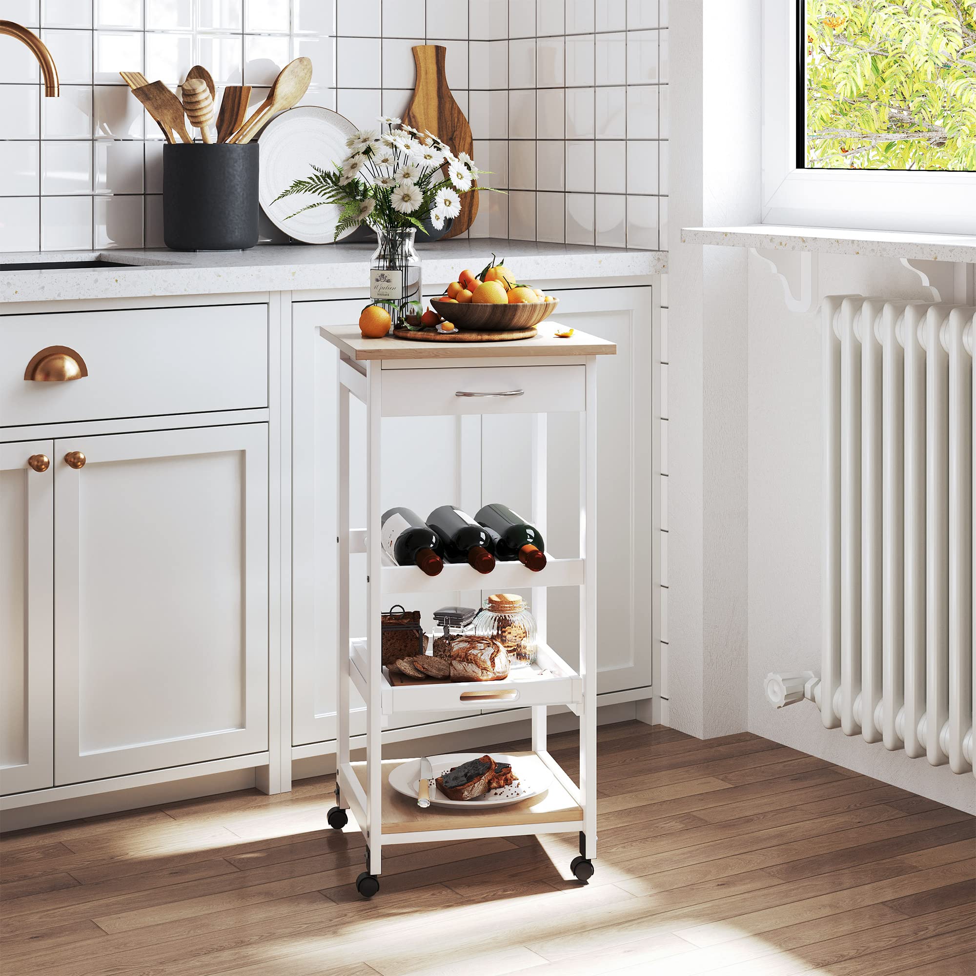 HOMCOM Chariot de Service à roulettes Tiroir Bois de Pin Blanc Chêne Clair | Desserte de Cuisine, Plateau Amovible, Tiroir, Bois de Pin MDF