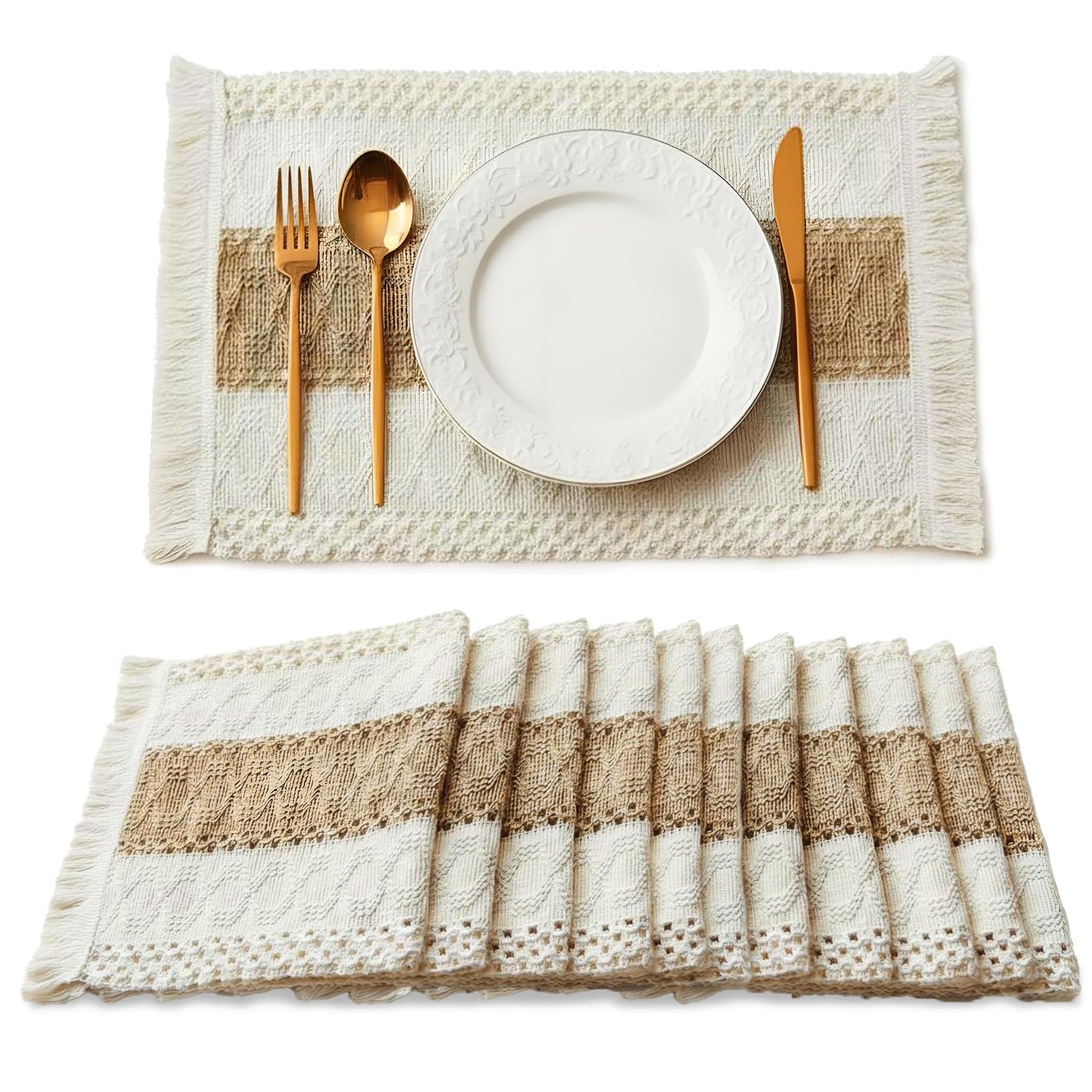12 Pack Macrame Placemats, 12x20 Inch Linen Cotton Crochet Mats with Tassels, Boho Farmhouse Decor in Beige & White