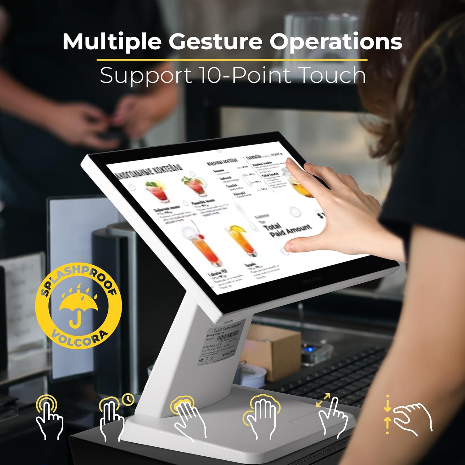 Volcora 15.6" White LED Touch Screen Monitor with Metal Stand - Backlit 1366 * 768 with VGA HDMI Connection for Small Business, Restaurant, Office - No Driver Required (Not Compatible with macOS/iOS)