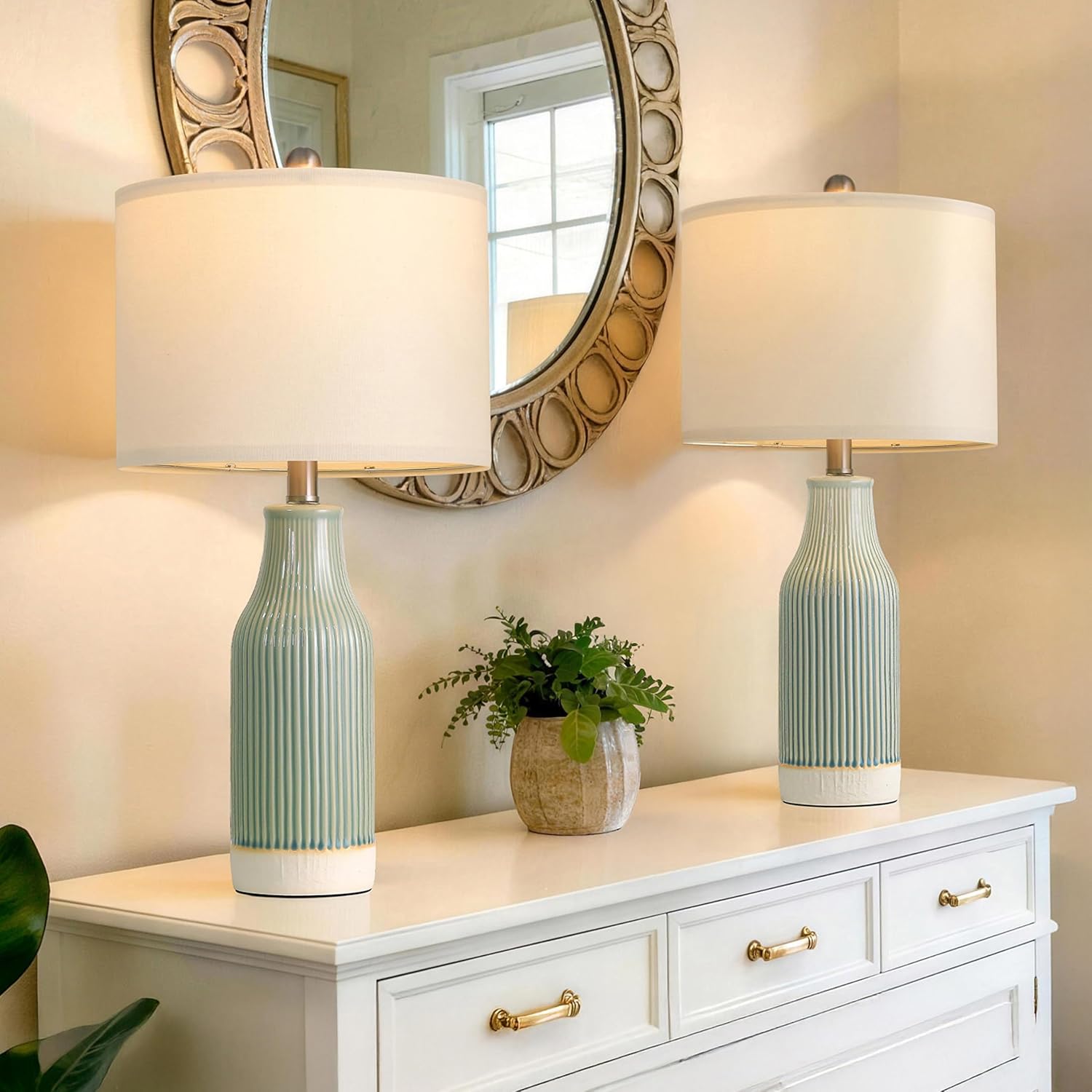 23.75" Modern Ceramic Table Lamps Set of 2, Stylish Bedside Lamps for Bedroom, Gorgeous Lamps for Nightstand, Lamps for Living Room, Farmhouse End Table Lamps, Light Green Home Decor
