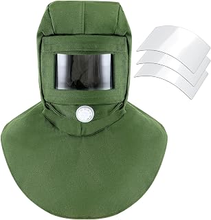Jecery Sand Blasting Hood Mask with Replacement PC Lens Canvas Shawl Cap for Polishing Painting Dusting Grinding(Green,3 Replacement Lens)