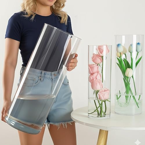 Liotww Extra Large Clear Plastic Flower Vase Acrylic Cylinder Floor Vase | Unbreakable Oversized Big Wide Mouth Tall Vases for Home Decor or Wedding(D7.8"X24" - D6 X19.8 - D4.8"X15.8" + 3 Holder)