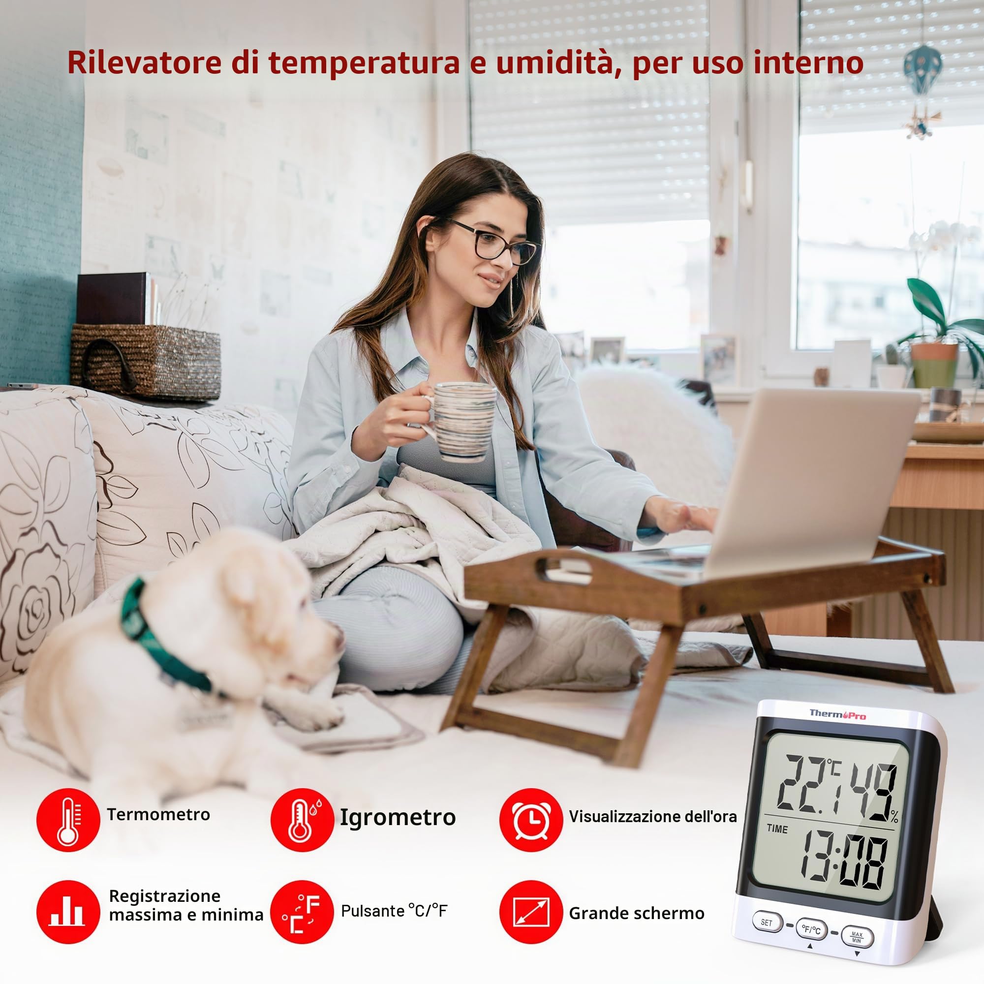 ThermoPro TP152 Igrometro Termometro da Interno, Termometro Digitale da Tavolo per Cameretta con Monitor di Temperatura e Umidità, Termometro per Ambiente con Indicatore di Umidità Accurato
