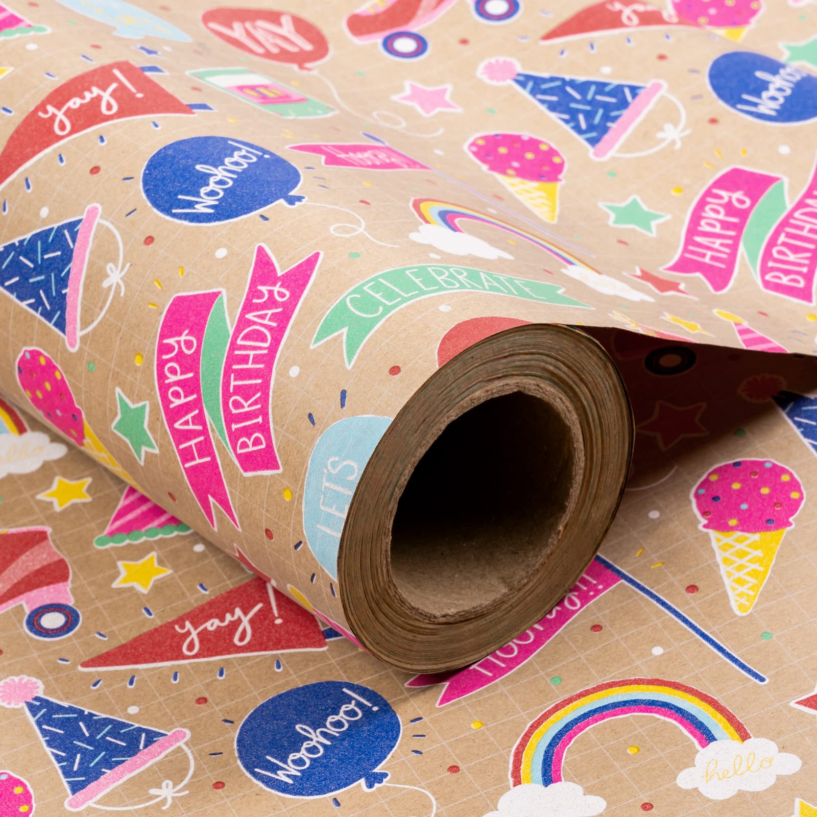 Photo 1 of **USED** RUSPEPA Kraft Wrapping Paper Roll - Birthday Gift Pattern - 30 Inches x 100 Feet