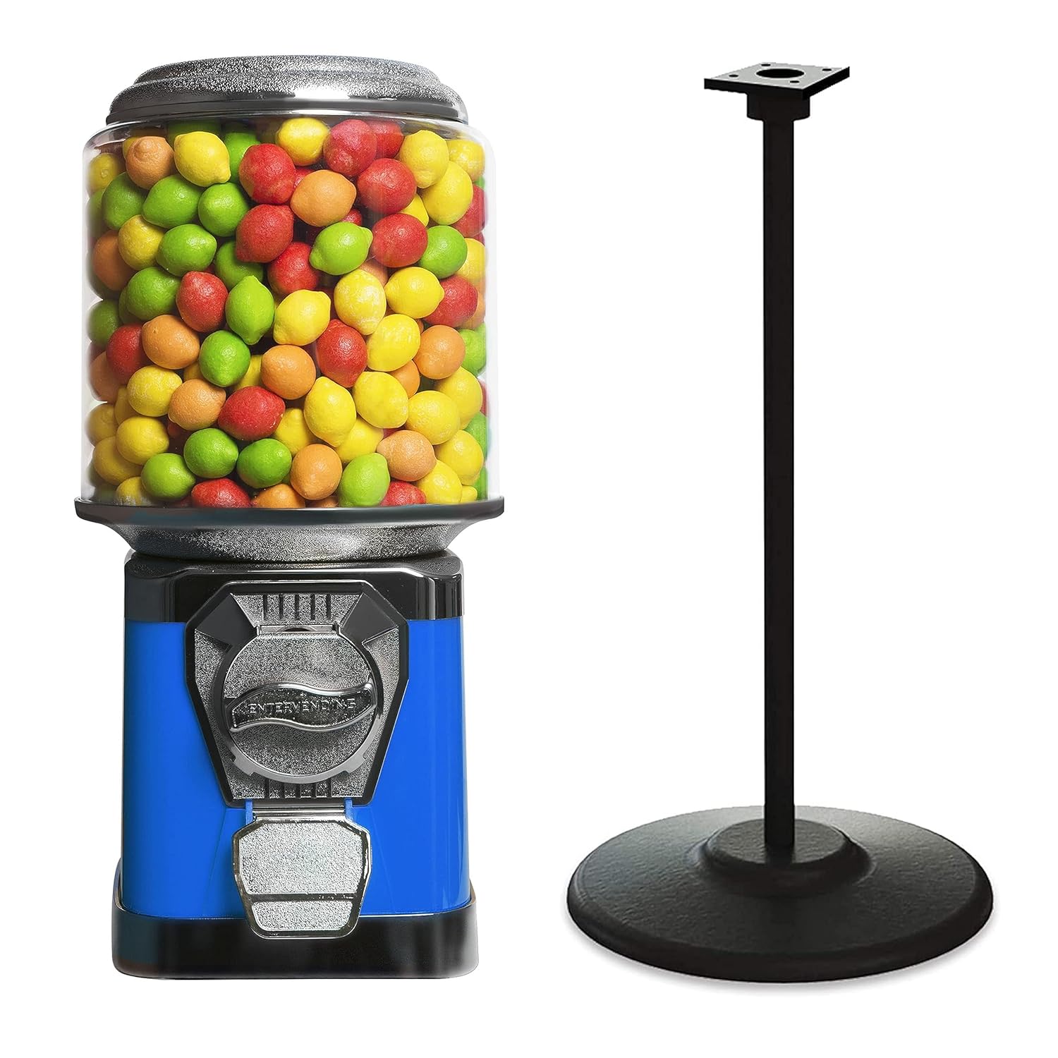 Gumball Machine for Kids - Vending Machine with Metal Stand & Cylinder Globe - Bubble Gum Blue Vending Machine and Black Metal Stand Bundle - Coin Gumball Machine