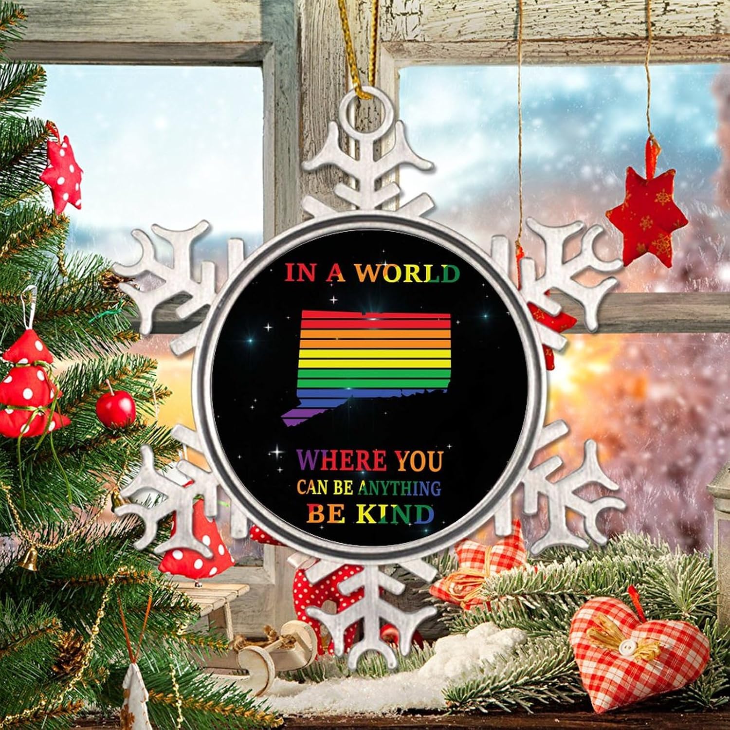 Metal Decorative Ornaments Connecticut in A World Where You Can Be Anything Ornament Pride Parade Snowflake Metal Ornaments Hanging Pendant Rainbow Lesbian Christmas Party Supplies