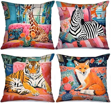 Cute Giraffe Throw Pillow Covers Zebra Sitting on Sofa Pillowcase Fierce Tiger Cushion Cover Leisurely Fox Cushion Case 4 Set Cartoon Cushion Cover Couch Sofa Office Decor Gift18 x18 Inch