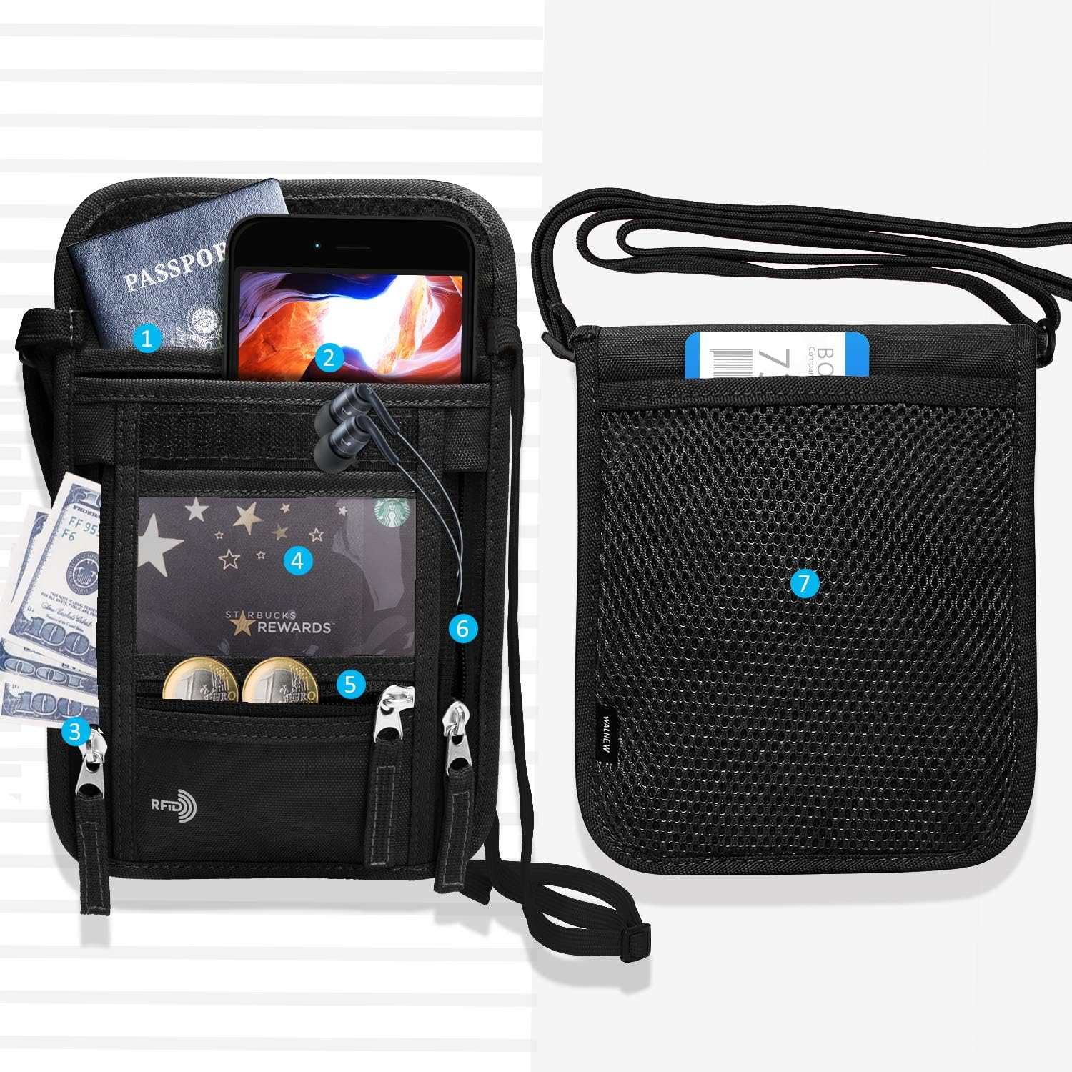  | WALNEW Neck Wallet Travel Neck Pouch Passport Holder with RFID Blocking for Women & Men – Hidden Security Organizer Bag to Hold Cell Phone, Credit Cards, Cash and Travel Document | Travel Wallets