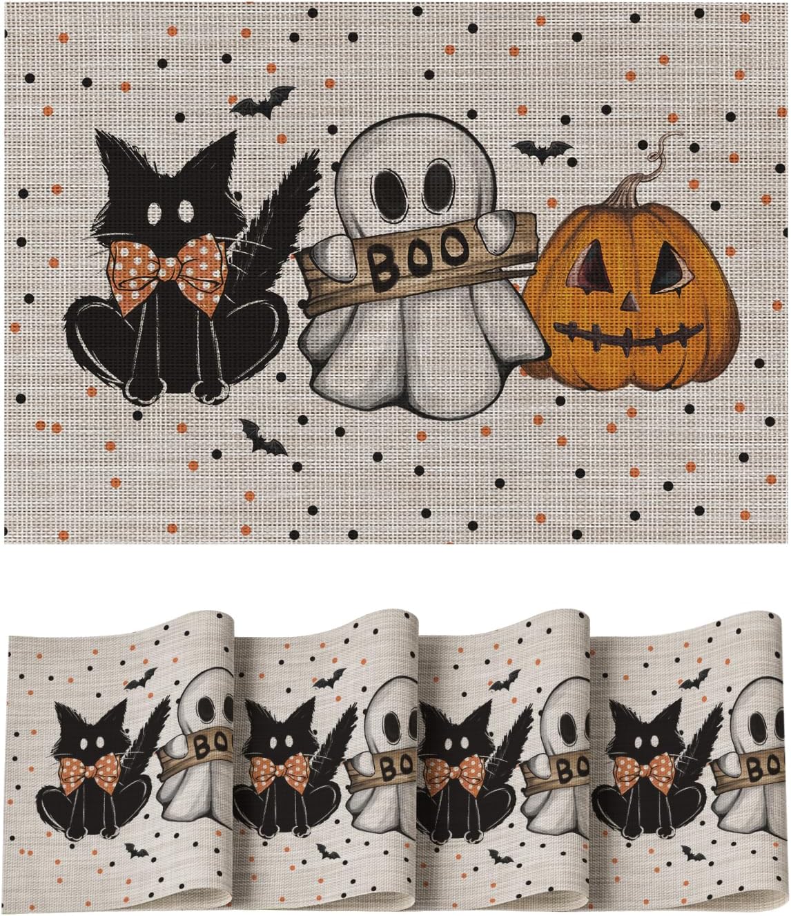 Artoid Mode Ghost Cat Halloween Vinyl Placemats Set of 4, Washable Heat Resistant Non-Slip Woven Plastic PVC Place Mats for Farmhouse Holiday Party Kitchen Dining Decor