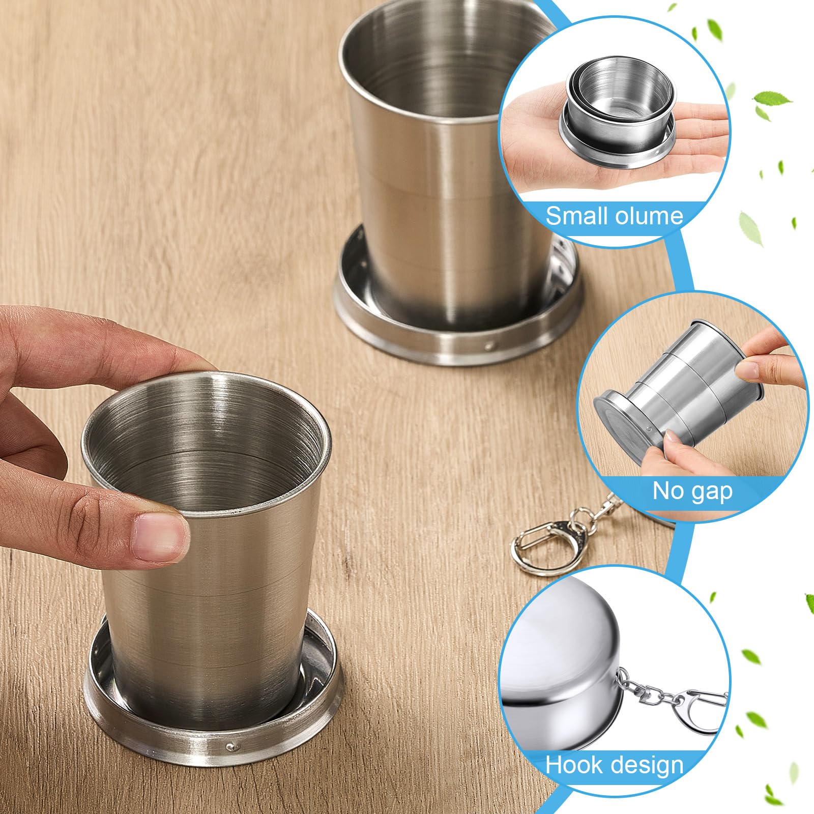 Tessco for you 6 bicchierini pieghevoli in acciaio inox, riutilizzabili, portatili, da viaggio, pieghevoli, con coperchio e portachiavi, per campeggio, escursionismo, ciclismo (241 g)