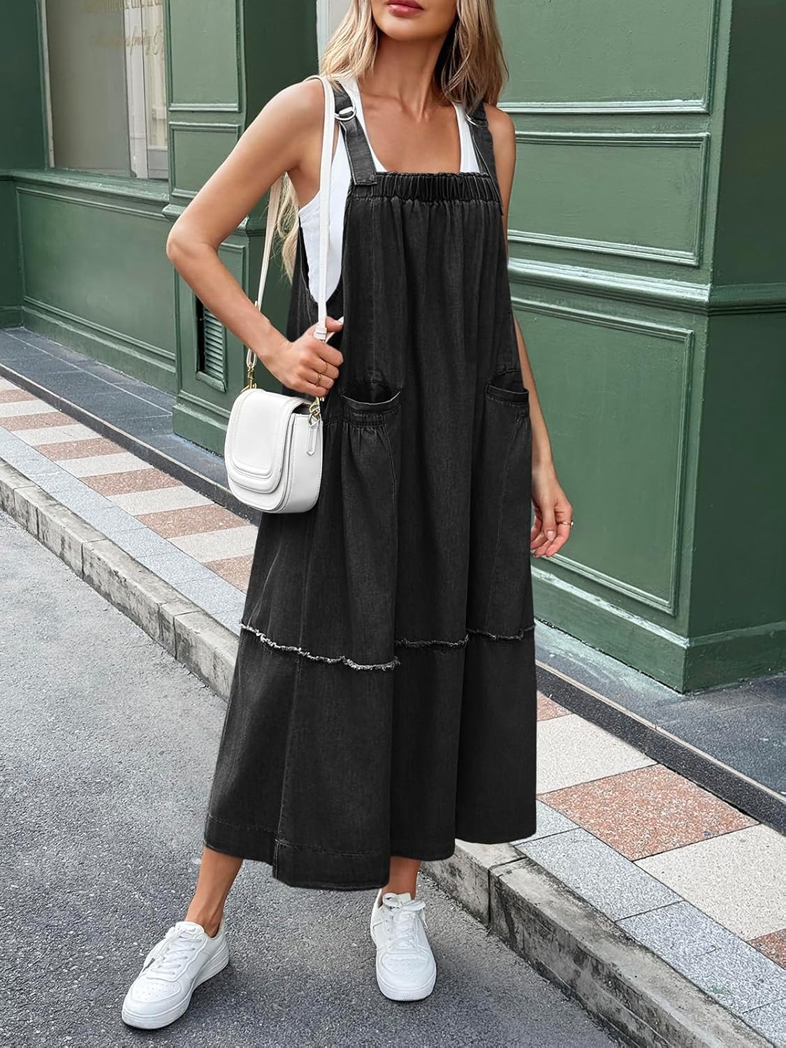 Cicy Bell Women's Denim Overall Dress Casual Adjutable Strap Back Drawstring Loose Jumper Bib Maxi Dresses with Pockets - Image 7