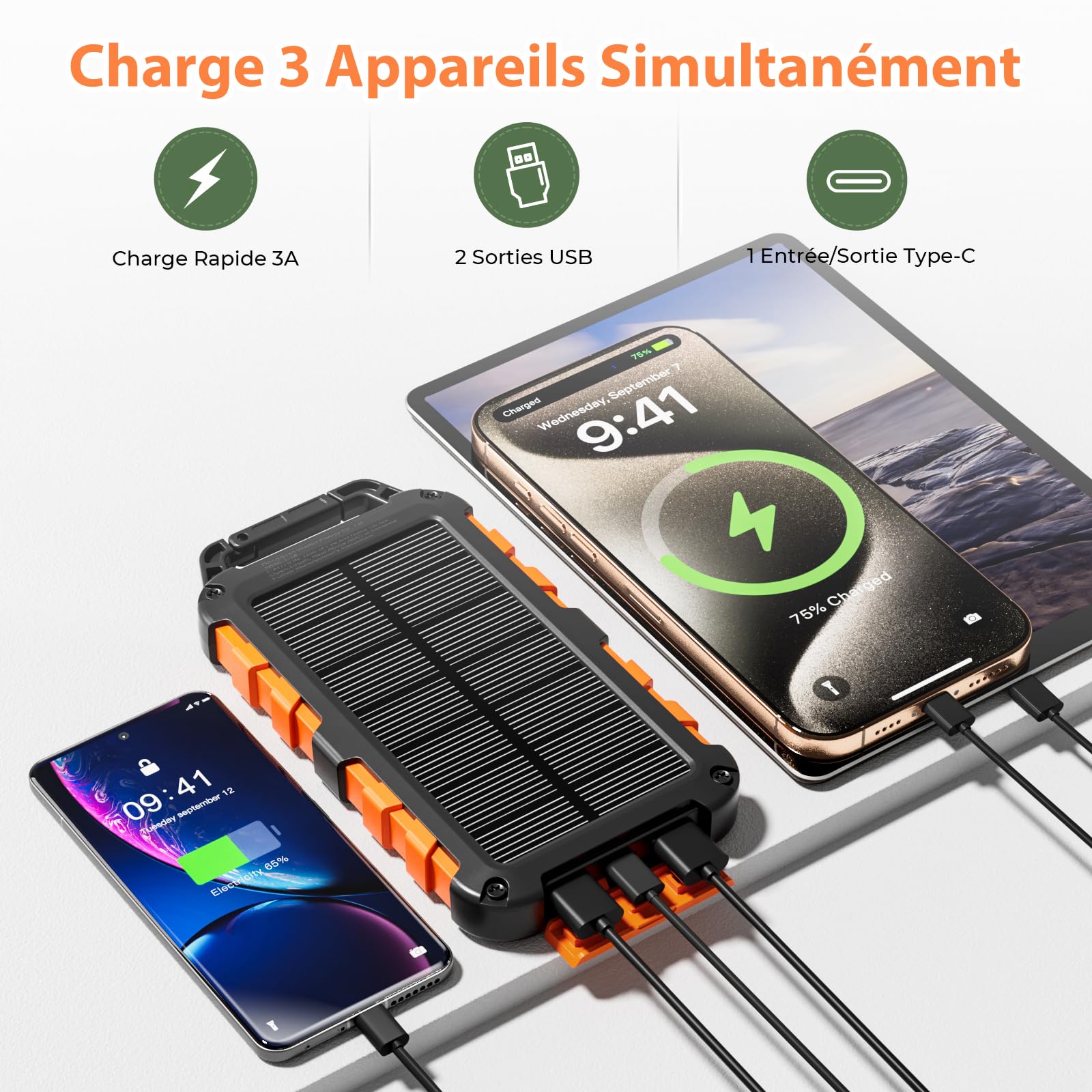 Batterie Externe Solaire 10000mAh, PD22.5W Chargeur Solaire Power Bank Portable USB C 3A Charge Rapide avec 3 Ports, Câbles et Lampe pour Smartphone, Tablette, Camping et Plus
