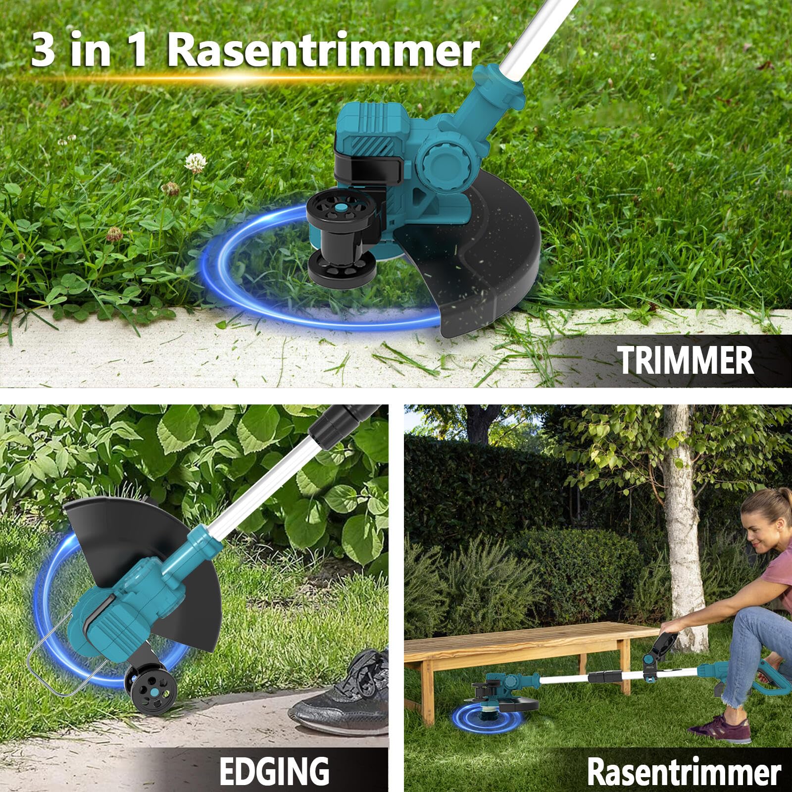 Rasentrimmer Mit Akku Für Makita Rasentrimmer,4 in 1 Akku Rasentrimmer Mit 2 Akku Und 4 Arten Klingen, 21V Freischneider mit Unkrautbürste für Garden Trimme