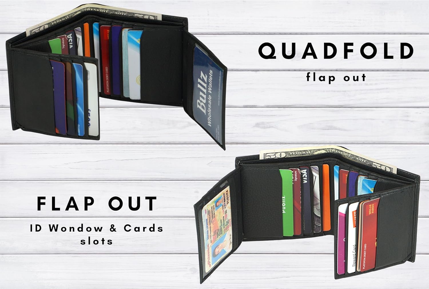 Bullz Genuine Nappa Cow Leather Thick Dual Credit Card ID Flap Quad Fold Large Bifold Mens Wallet Passcase RFID | Genuine, Nappa, Thick, Dual Credit Card, ID Flap, Quad Fold - Image 3