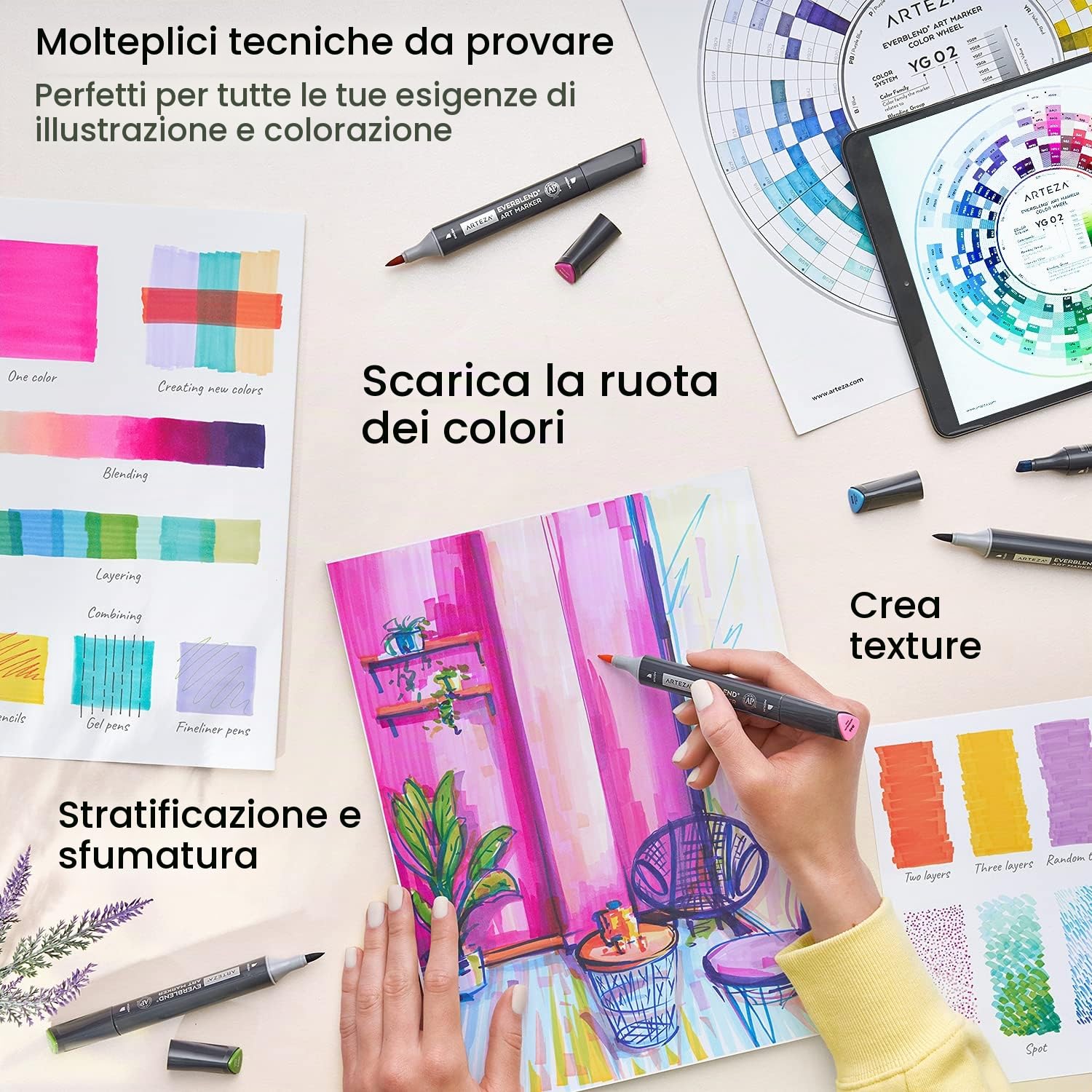 ARTEZA Art - Pennarelli per alcol, set di 36 colori, toni deco, scalpello medio e punta per pennello, forniture artistiche per disegno e schizzi