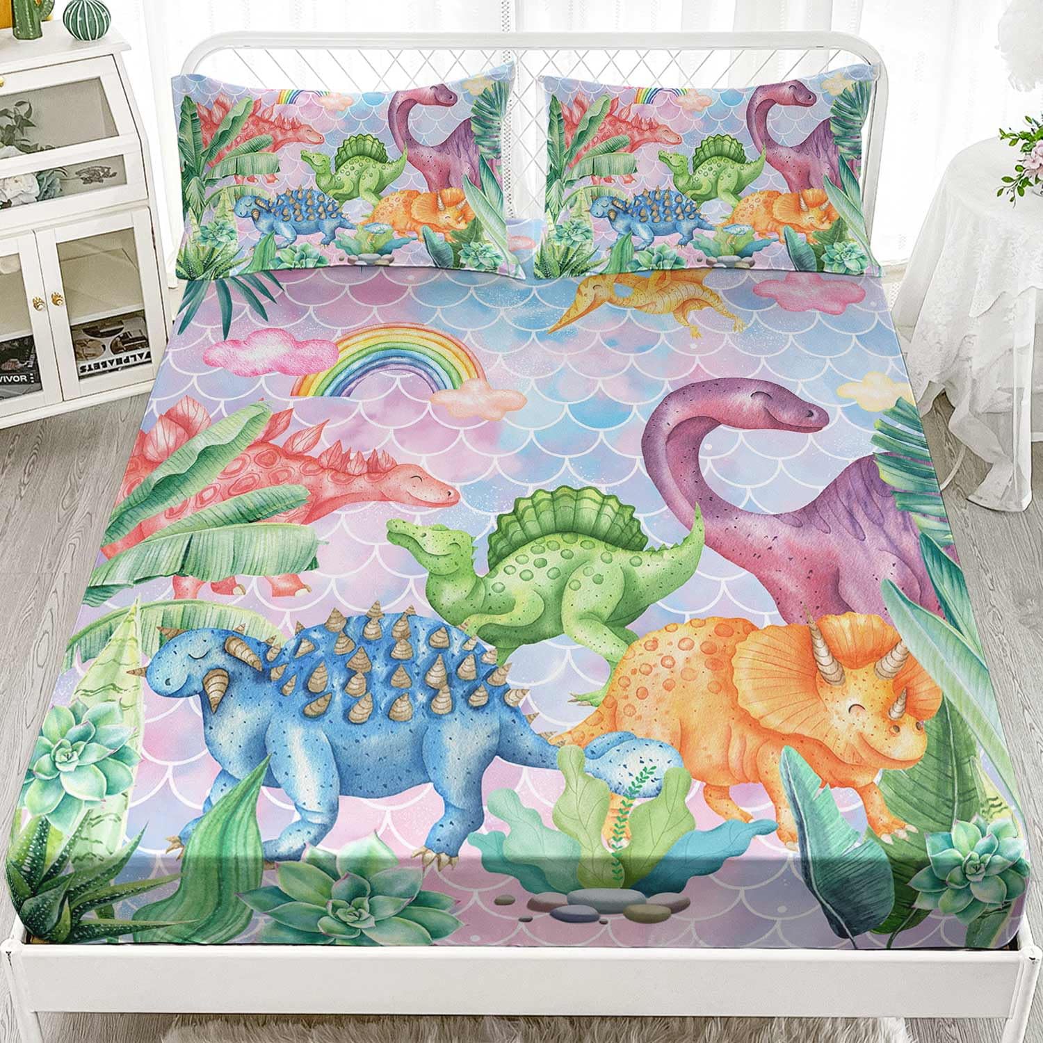 Smell Sunshine Rainbow Dinosaur Sheets Set 4Pcs for Kids,Cartoon Forest Animals Printed Sheet Set with 1 Flat Sheet and 1 Fitted Sheet + 2 Pillowcases(Dinosaur-2 Queen)