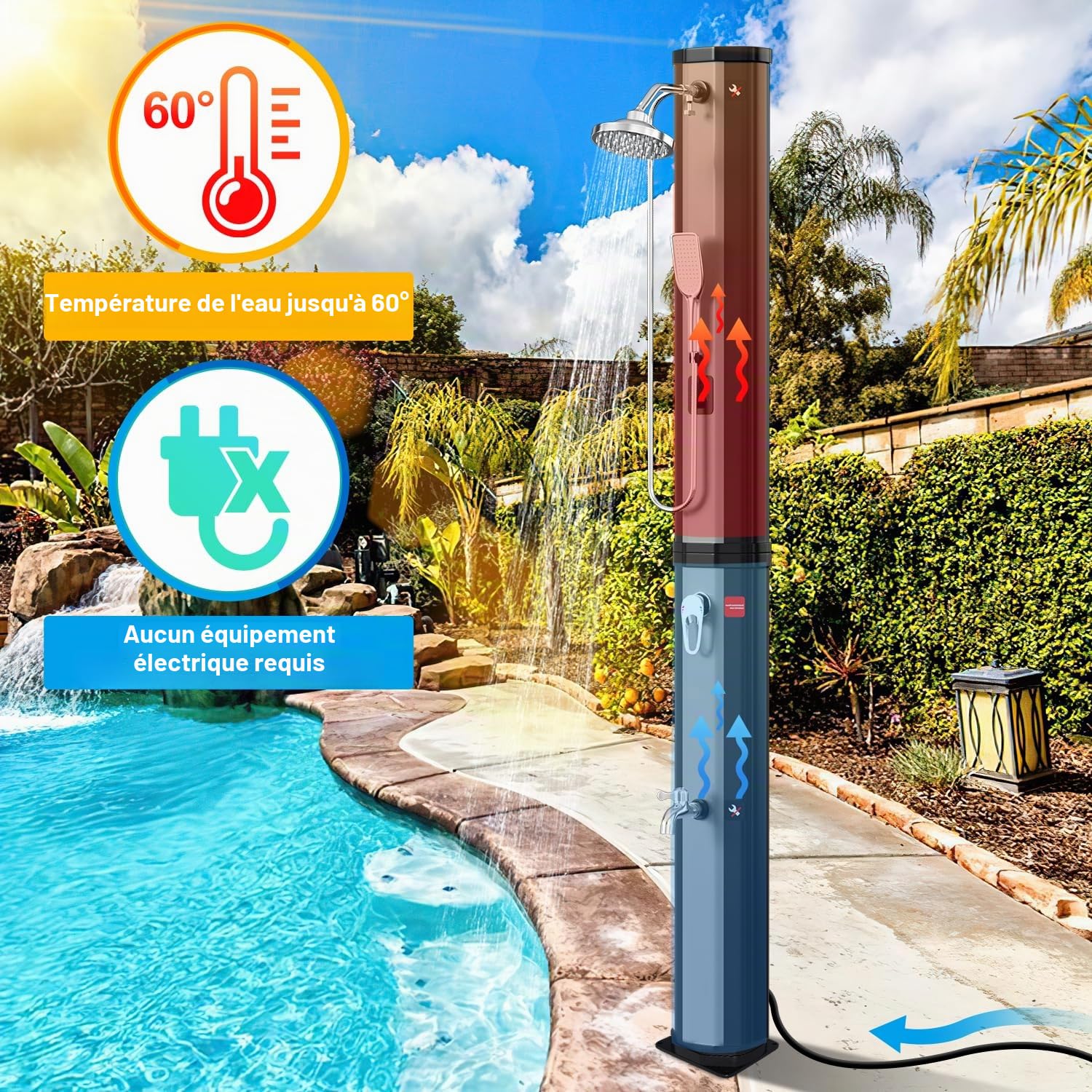 Eulenke Douche Solaire Piscine 60 litres INCL Capot de Protection et Douchette à Main, Maximum 60°C, Douche Camping avec Douche de Pied et pommeau de Douche Rond, Douche Exterieur Argent et Noir