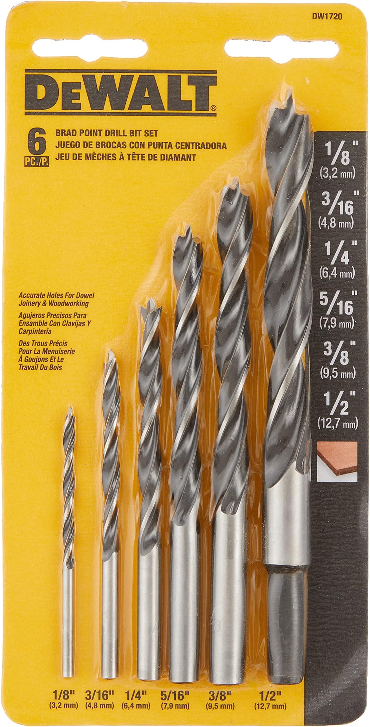 DEWALT Drill Bit Set, Brad Point, 6Piece (DW1720) , Black Brad Point