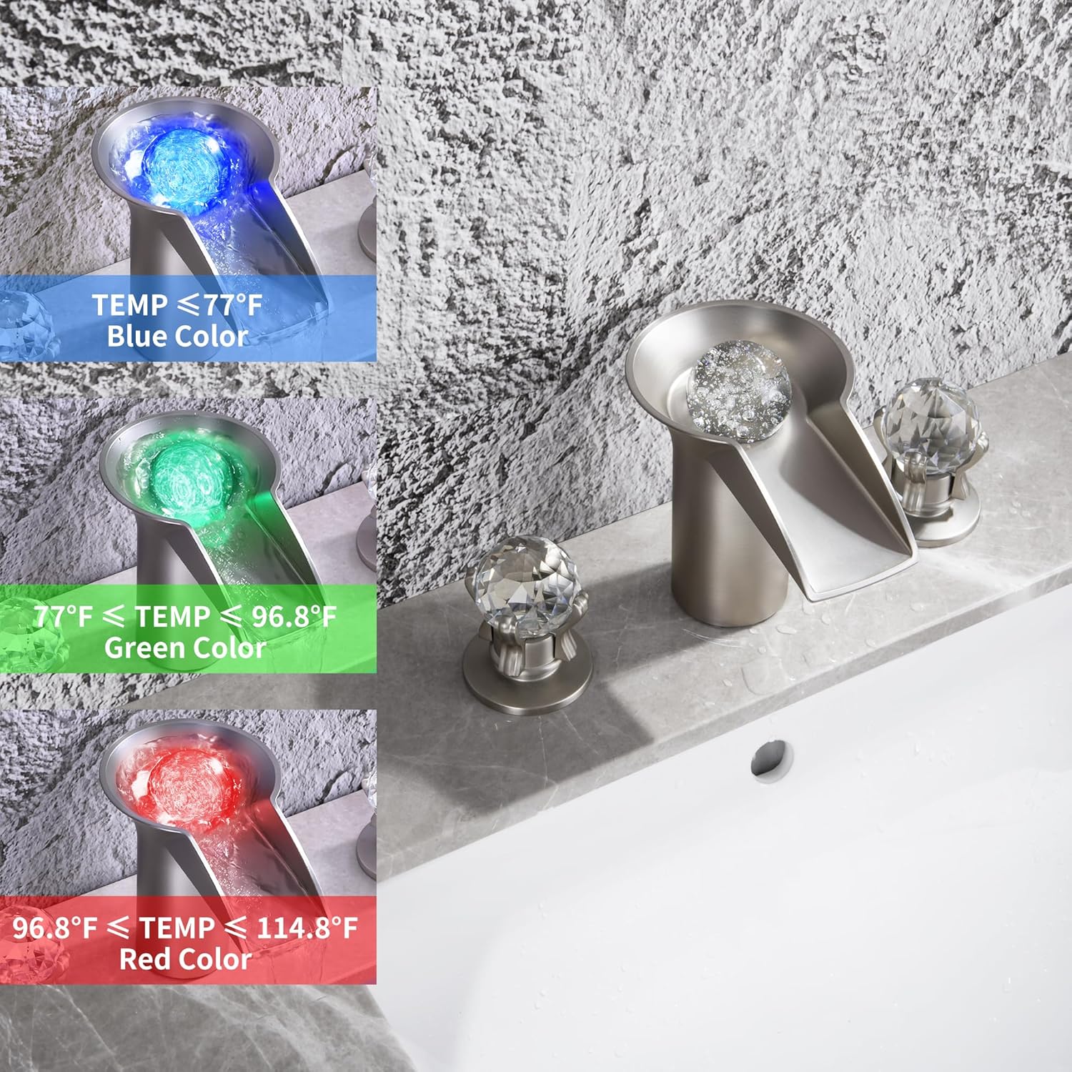 SKOWLL Waterfall Sink Faucet Bathroom 3 Hole, Free Floating Crystall Ball, Deck Mount LED Bathroom Faucet with 2 Handle, Brushed Nickel