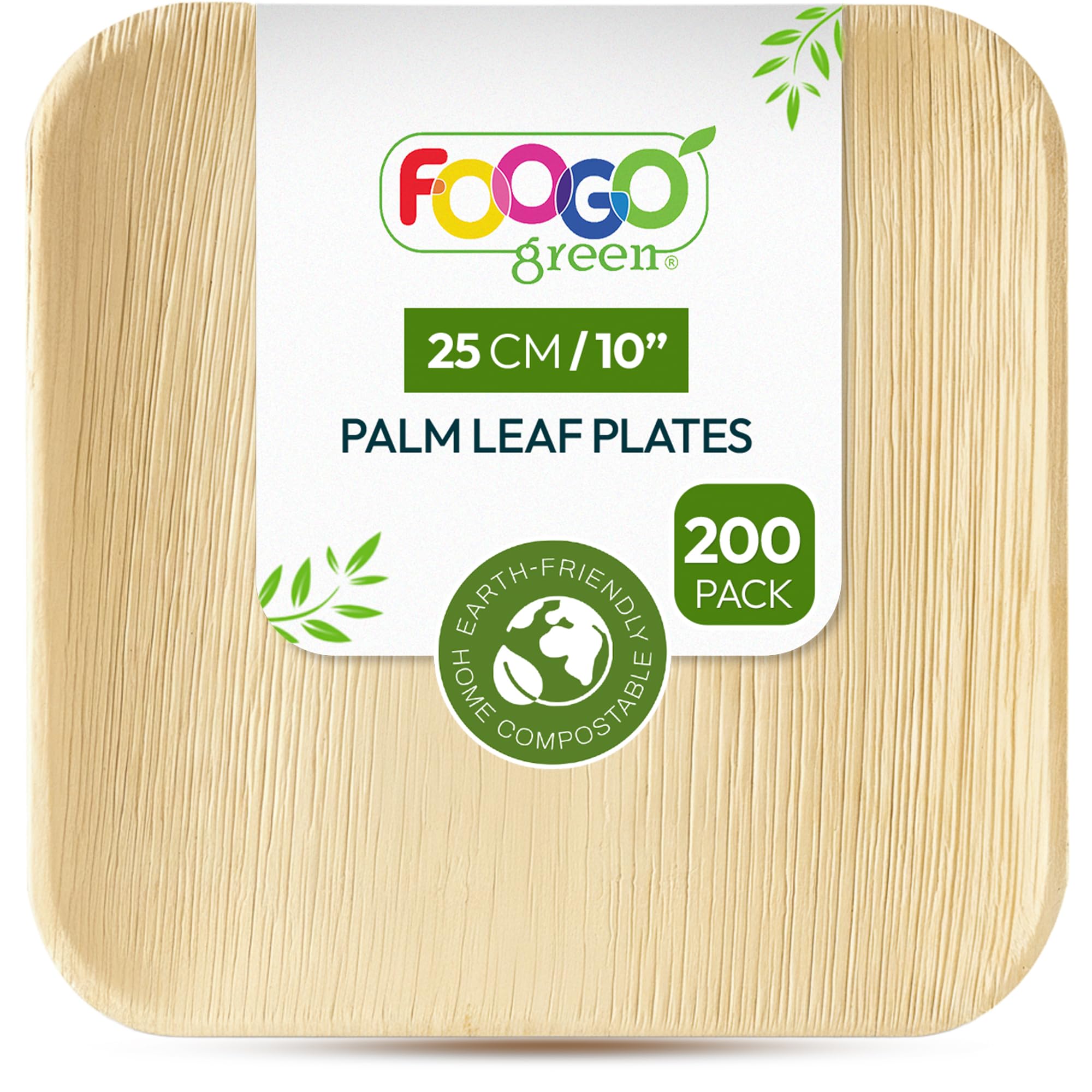 FOOGO Green 200pcs Disposable Palm Leaf Plates, 10"(25cm) Large Square, Eco Friendly Biodegradable Compostable Like Wooden, Bamboo, Paper Plates for Hot Food, Picnic Wedding Parties