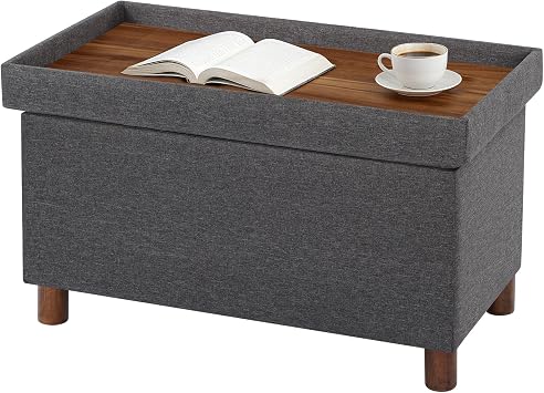 Homebeez Storage Ottoman Bench with Tray, 30 Inch Multipurpose Foot Rest Stool with Hidden Storage, Holds 360lbs - for Living Room, Bedroom, Entryway, Light Grey Linen Fabric