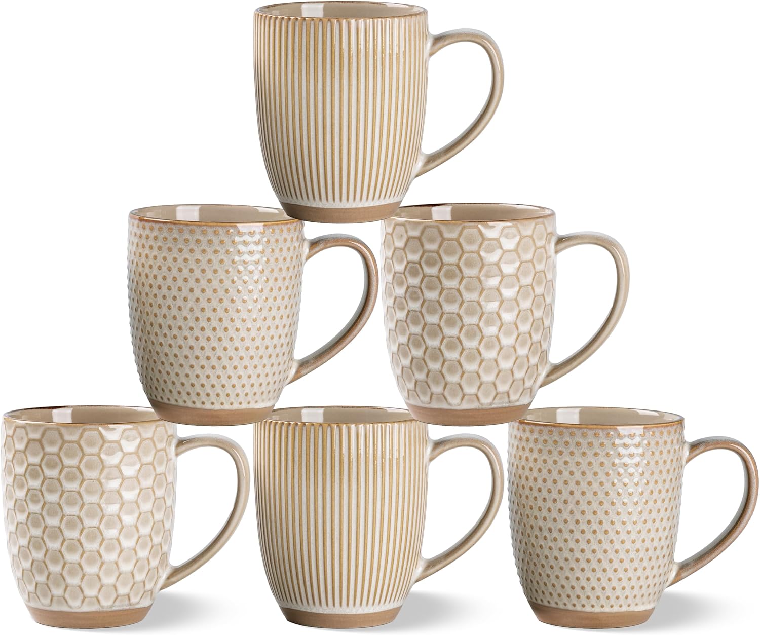 GBhome Large Coffee Mugs Set of 6, 16oz Handmade Embossed Coffee Mugs Set with Large Handle for Cappuccino/Latte/Tea/Hot Cocoa, Dishwasher & Microwave Safe, Khaki