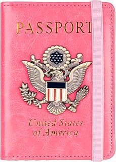 RFID Blocking Passport Holder for Women Men, Leather Passport Travel Wallet with Metal 3D Metal Badge, Travel Document Holder Cover Accessories (Pink)