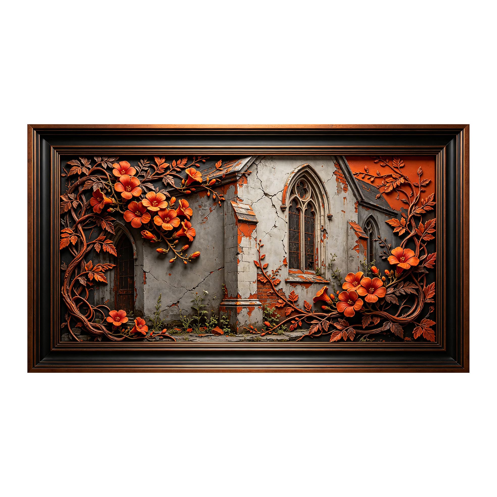 Murasolite 3D Framed Wall Art Gothic Ruins Floral Relief Effect SelfAdhesive Fabric Mural Wall Decor， Peel and Stick No Damage to Wall， AntiFall Safe Design for Bedroom Living Room