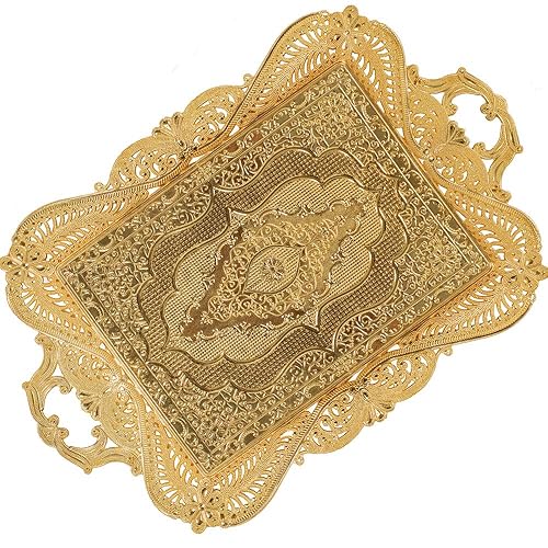 Gold Turkish Coffee Tea Serving Tray Table Home Decor Decorative Handle - Gold Vintage Brass Fancy Rectangle Style Traditional Rustic Bar Outdoor Wedding Arabic Farmhouse Wedding Decor Tray
