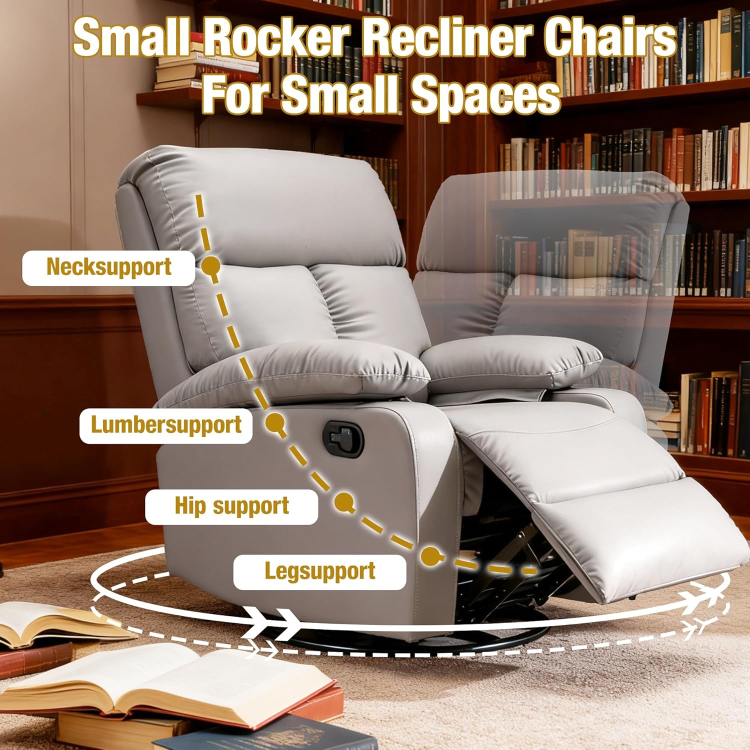 Swivel Rocker Recliner, Rocking Chair Nursery, Small Rocker Recliners for Small Spaces, Living Room, Bedroom, Nursery, RV, Light Grey