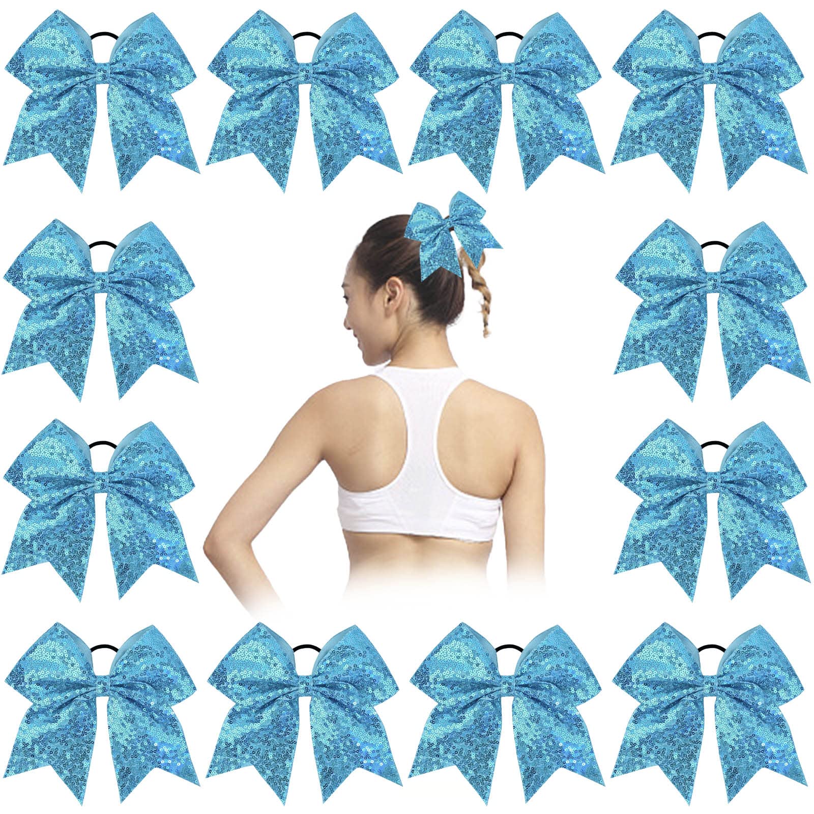 Oaoleer 12PCS 7" Large Glitter Cheer Hair Bows Ponytail Holder Elastic Band Handmade for Cheerleading Teen Girls College Sports (Sequin Island Blue