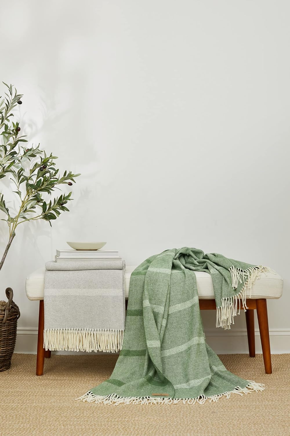 Lands Downunder All-Season, Luxury Olive Montauk Stripe Herringbone Throw – Soft Woven Throw with Decorative Fringe – Made in Italy – 51”W x 67”L - Perfect for Gifting