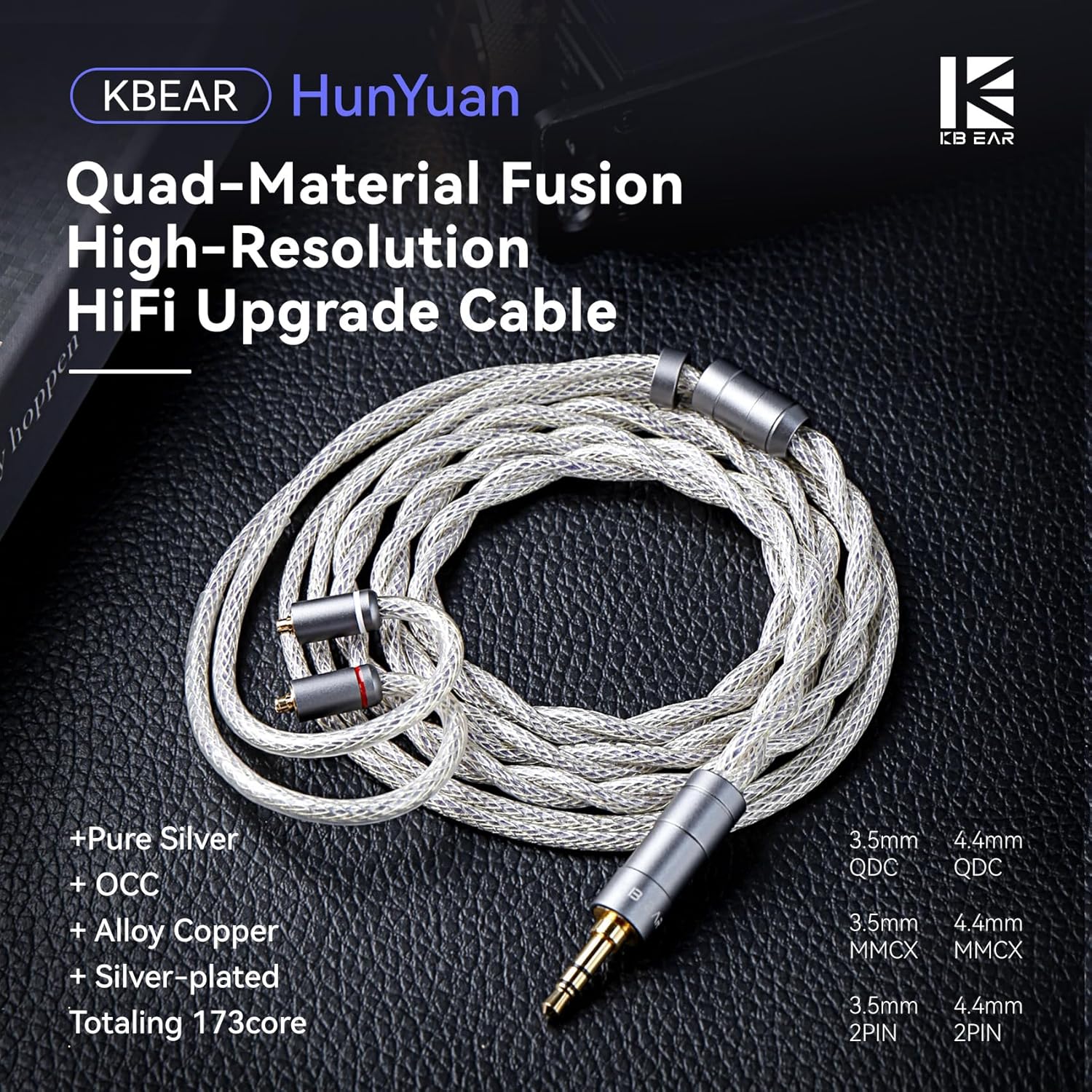 Kinboofi KBEAR HunYuan Quad-Material Fusion IEM Cable, KZ ZS10 PRO Headphone Replacement Extension Cord,High-Resolution HiFi Upgrade in Ear Monitor Cable (MMCX 3.5, Silver, 1.2m)