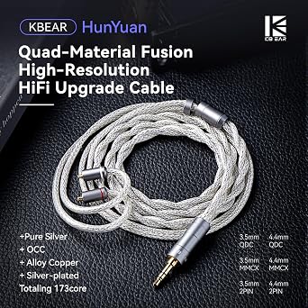 KBEAR HunYuan 2PIN in Ear Monitor Cable HiFi IEM Cable, Pure Silver + OCC + Alloy Copper + Silver-plated 4 Material Fusion, 2-Strand High-Density 173-Core Wire for KZ ZS10 PRO (Silvergray, 2PIN-3.5mm)