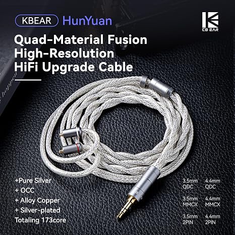 KBEAR HunYuan 2PIN in Ear Monitor Cable HiFi IEM Cable, Pure Silver + OCC + Alloy Copper + Silver-plated 4 Material Fusion, 2-Strand High-Density 173-Core Wire for KZ ZS10 PRO (Silvergray, 2PIN-3.5mm)