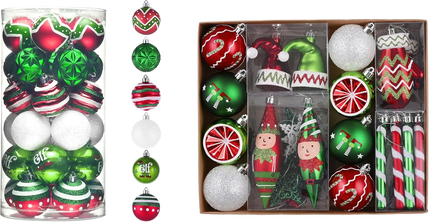 Valery Madelyn Christmas Ornaments Value Bundle, 30ct & 40ct Elf Red Green White Shatterproof Christmas Ball Ornaments Set, Decorative Hanging Ornament Bulk for Xmas Holiday Party Decor