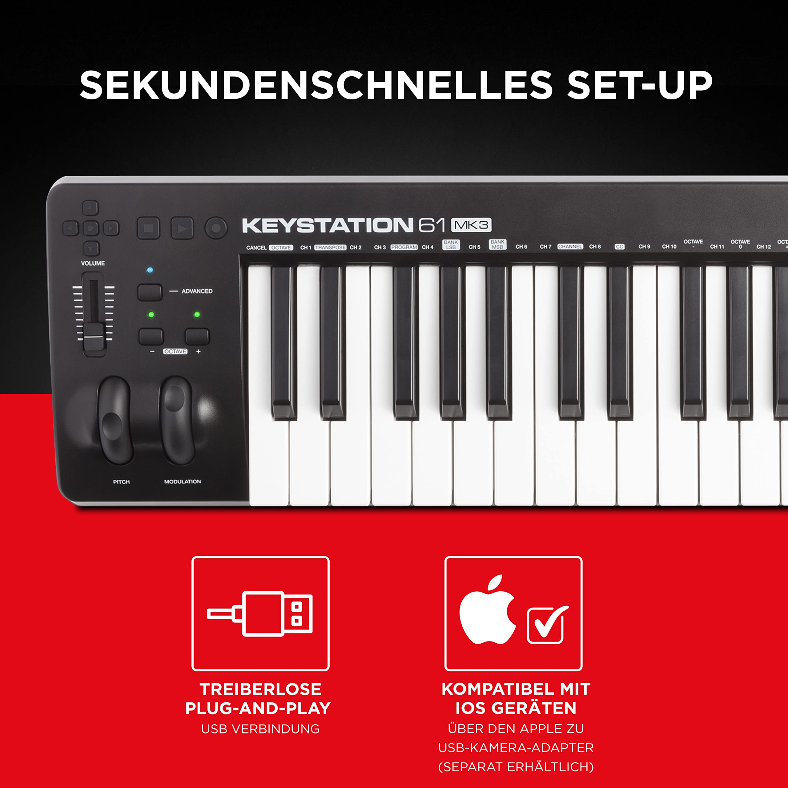 M-AUDIO Keystation 61 MKIII - Kompakter 61-Tasten MIDI Keyboard Controller mit Zuweisbaren Reglern, Pitch/Modulation Rädern, Plug-And-Play (Mac/PC) Konnektivität und Software Production Suite