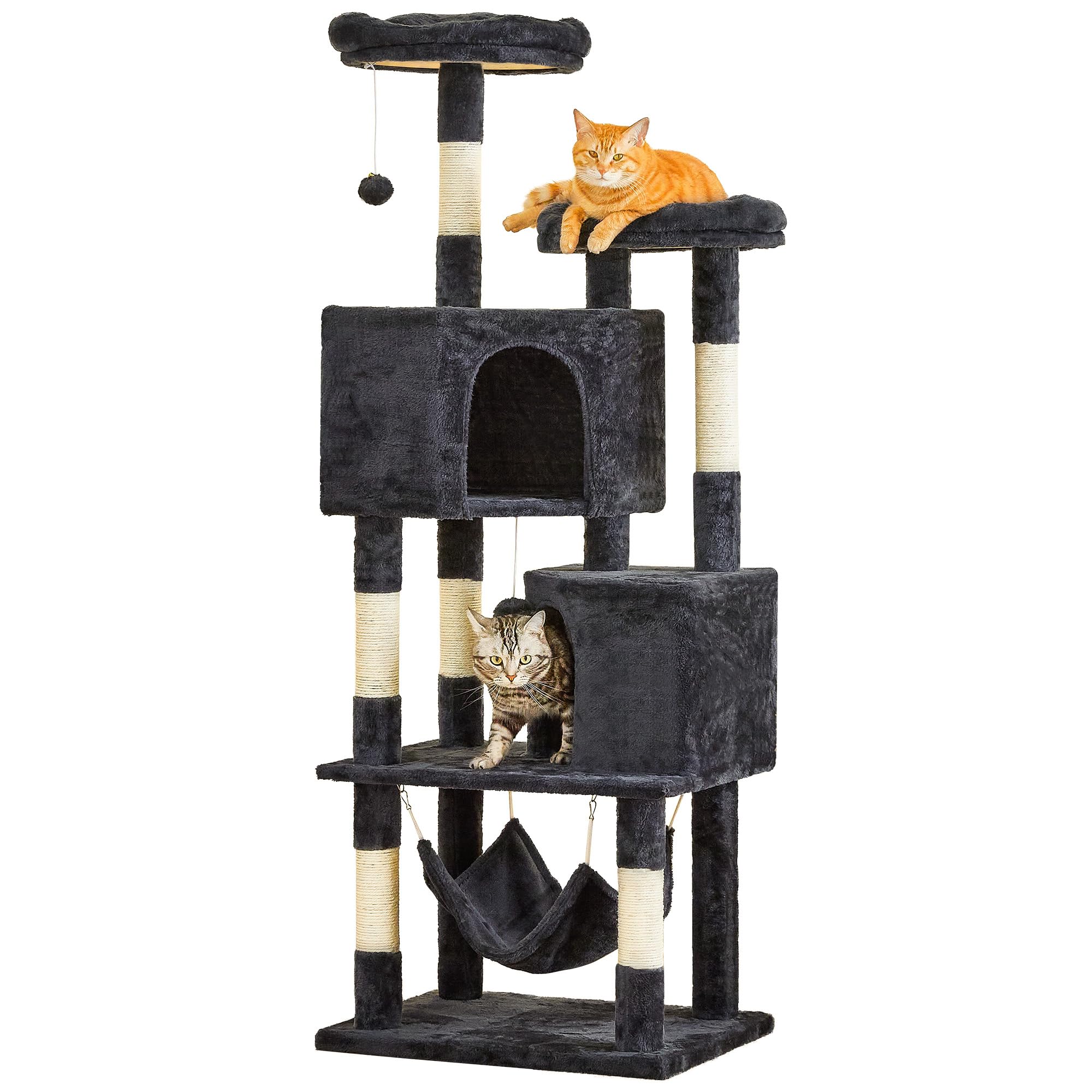 Quuzee Cat Tree for Indoor Cats - 63in Multi-Level Large Cat Tower with 2 Big Cat Condos, 2 Padded Perches, Hammock, 6 Sisal-Covered Scratching Post