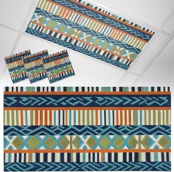 Fluorescent Light Covers for Ceiling Lights Teal Blue Ethnic Stripes Magnetic Light Filters 3 Pack 4x2 ft Bohemian Tribal Geometric Ceiling Lights Cover for Classroom Office School Drop Lamp Decor