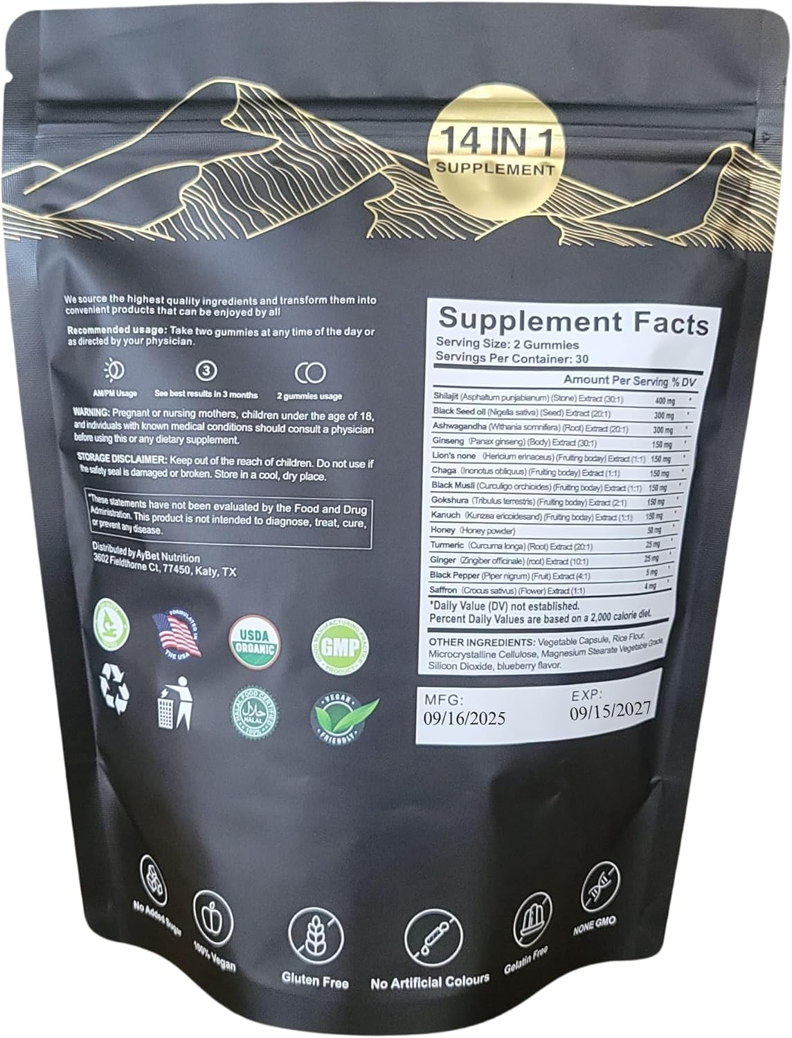 Organic Himalayan Shilajit Gold Gummies for Men and Women, Black Seed Oil, Ashwagandha, Ginseng, Turmeric, Gokshura, Lion's None, Lab Tested,%75 Fulvic Acid, No Sugar Added, Halal, 60Gummy