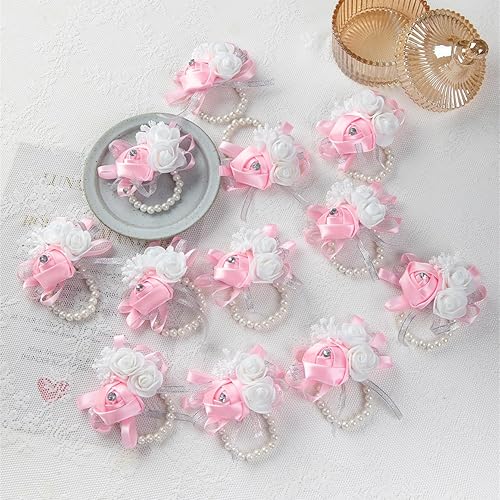 Miniatura 2 de WeddingBobDIY 12 unidslote mujeres novia novia dama de honor muñeca ramillete seda rosa perlas niñas boda mano flores decoración fiesta (rosa)