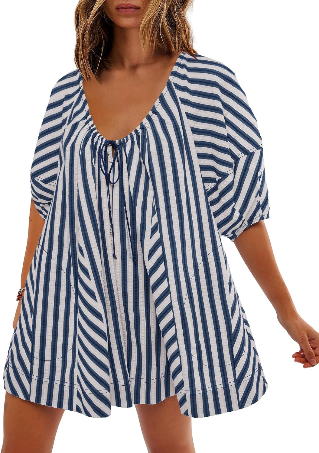SENSERISE Womens Oversized Striped Romper 3/4 Puff Sleeve Jumpsuit Beach Vacation Outfits with Pockets(Dark Blue,S)