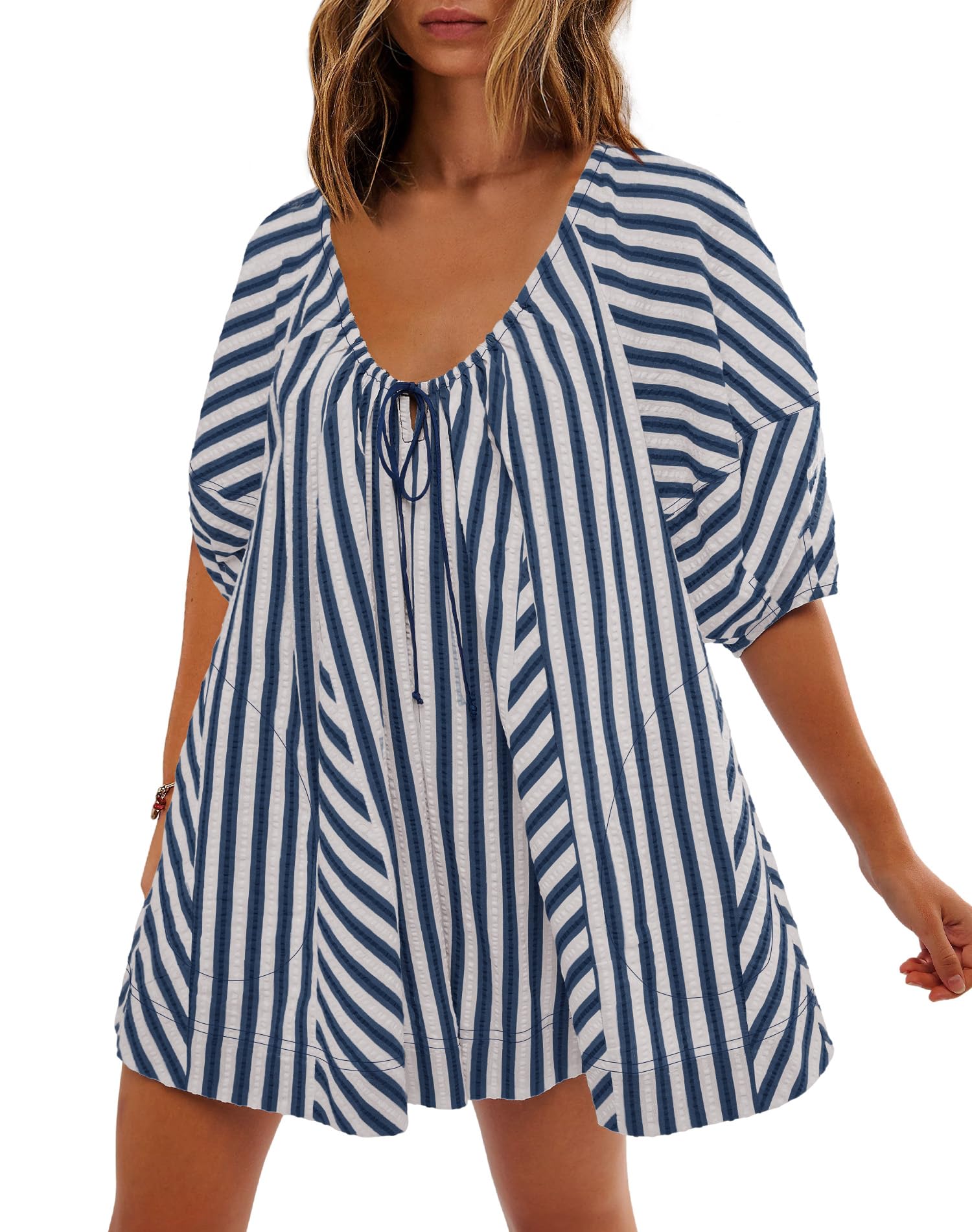 SENSERISE Womens Oversized Striped Romper Dress Shorts Jumpsuit Travel Outfit Beach Vacation Clothes with Pockets