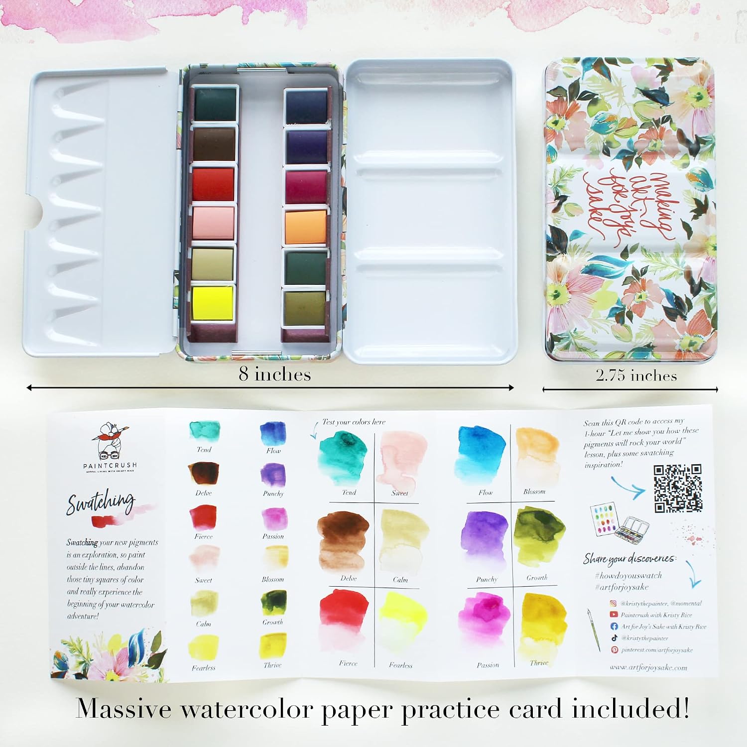 Professional Watercolor Paint Set by Kristy Rice | 12 Unique Water Colors in Inspirational Watercolor Tin w/Removable Tray | Travel Watercolor Set | Paint Palette with Lid