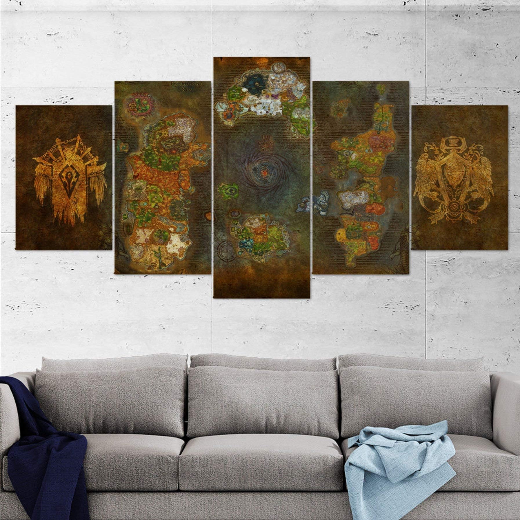 astoriagears Azeroth Map, Wow, World of Warcraft, Horde, Alliance, Canvas Wall Art, Multi Panel, 5 Piece, Wall Art, Canvas, World of Warcraft Poster, Map 40x6040x8040x100cm Frame