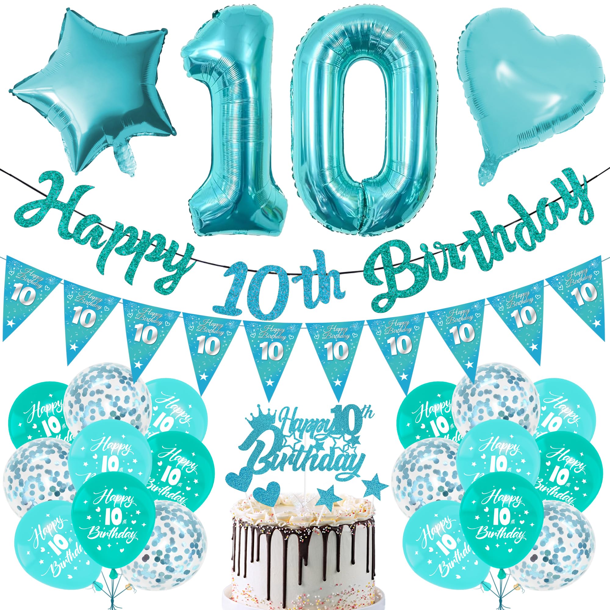 10th Birthday Decorations Balloon Girls - 29 Pcs Teal Blue Banner Triangle Bunting Number 10 Foil Balloons Heart Star Cake Topper for Double Digits Happy 10th Birthday Party Supplies — image 1