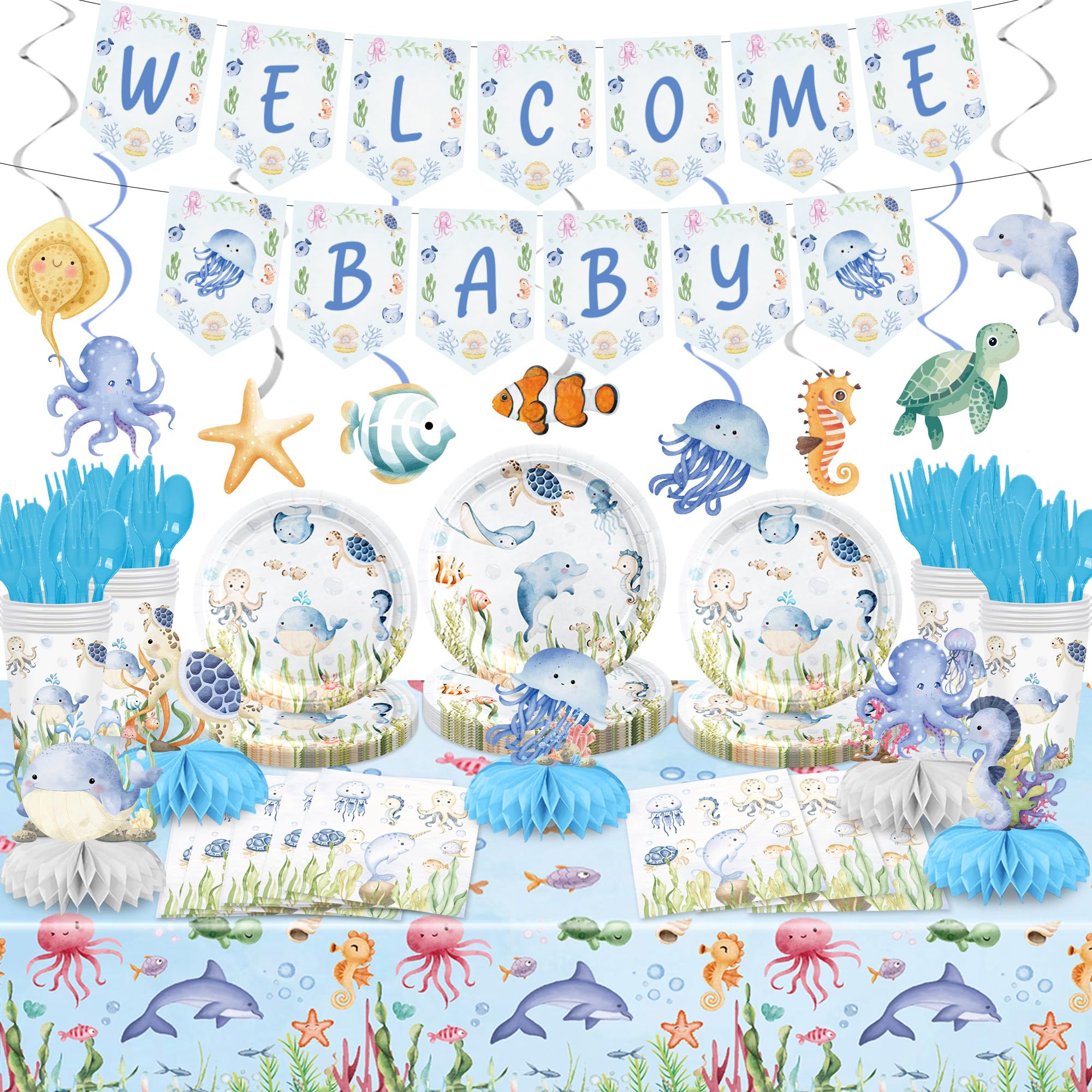 156PCS Under the Sea Baby Shower Decoration - Ocean Animals Theme Birthday Supplies - Includes Welcome Banner, Hanging Swirls, Honeycomb Centerpieces